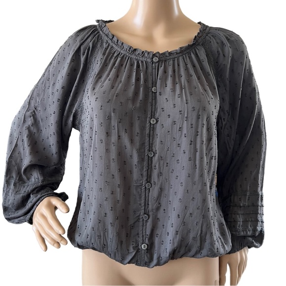 Lucky Brand Gray Chiffon Swiss Dot Peasant Blouse Simi Sheer - Picture 1 of 4